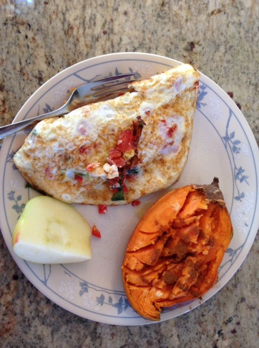 Breakfast: Egg white omelet, 1/2 sweet potato, 1/2 apple