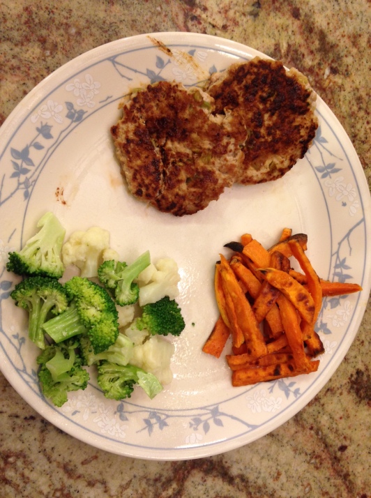 Dinner- 2 turkey burgers, broccoli, sweet potato fries